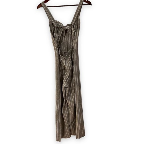 JAPNA Khaki Stripe Linen Romper Jumpsuit Boho Kawaii Bow Back Overall Pant Tie S - Picture 3 of 14